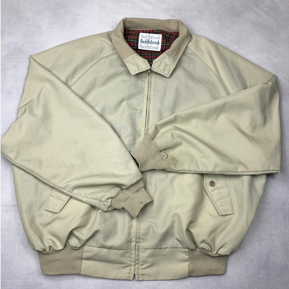 Vintage Saddlebrook Harrington Bomber Jacket Tan Plaid Lined Mens XL Full Zip